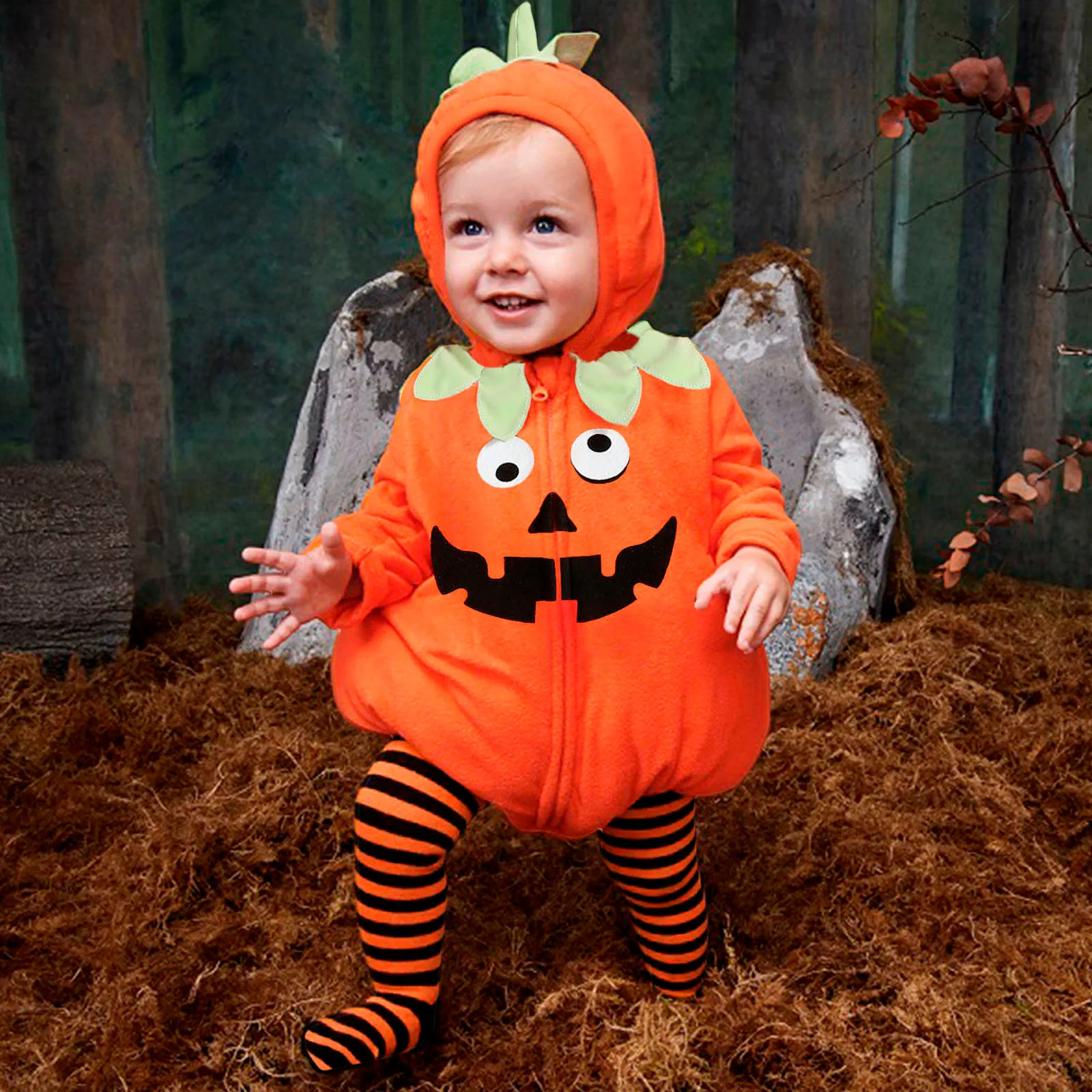 

Autumn Baby Girl Pumpkin Outfit New Cosplay Baby Girls Boys Halloween Clothes Set Long Sleeve Fleece Zipper Hooded Romper Jacket