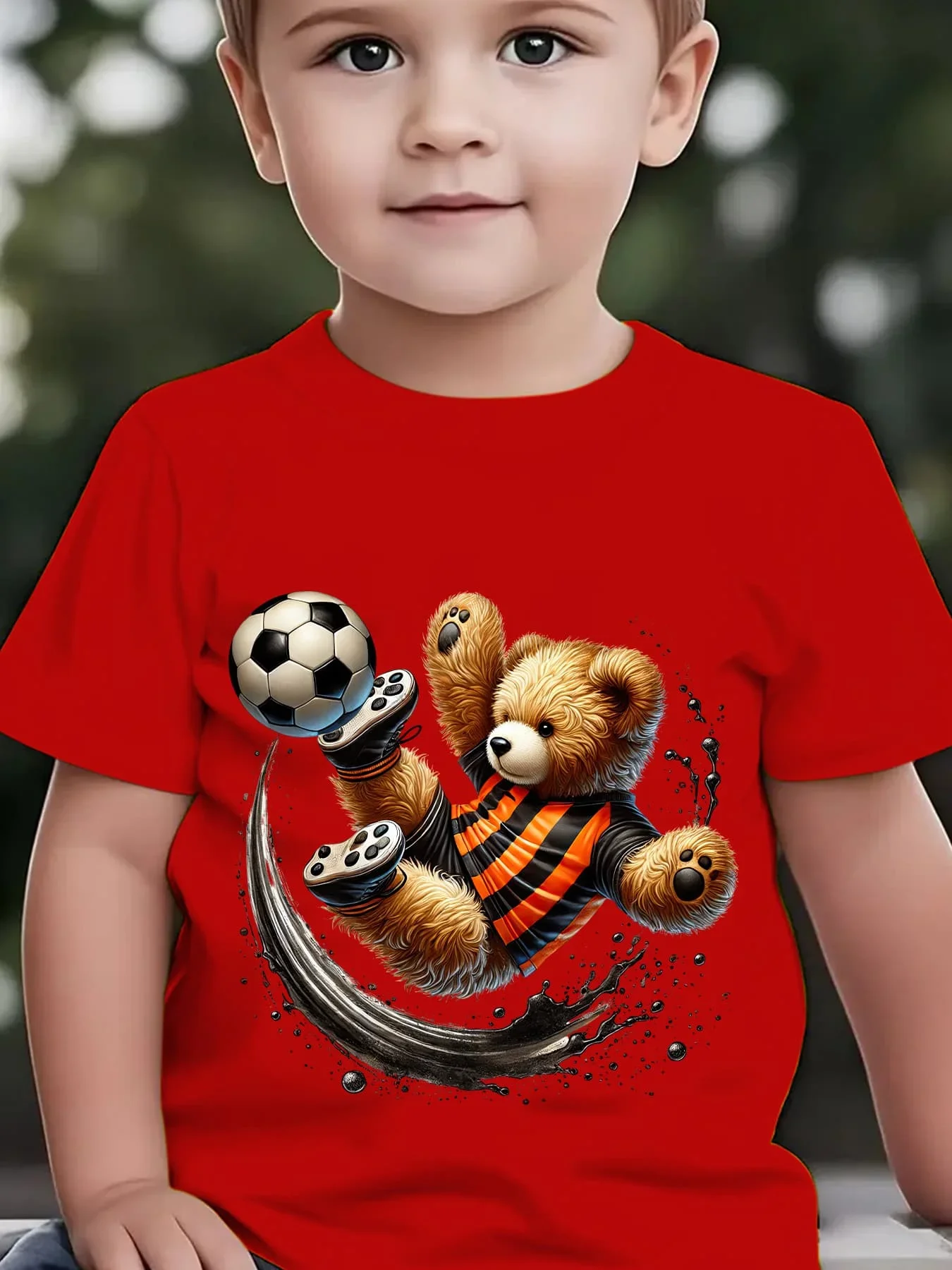 Boys Cool Soccer Playing Teddy Bear Splash Effect Graphic Short Sleeve T Shirt Sports Trendy Kids Casual Summer Tee