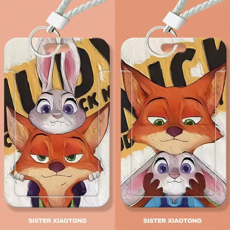 Disney Judy Nick Cartoon Oil Painting Sliding Card Case Cover for Students Workers ID Bus Meal Access Campus Cards