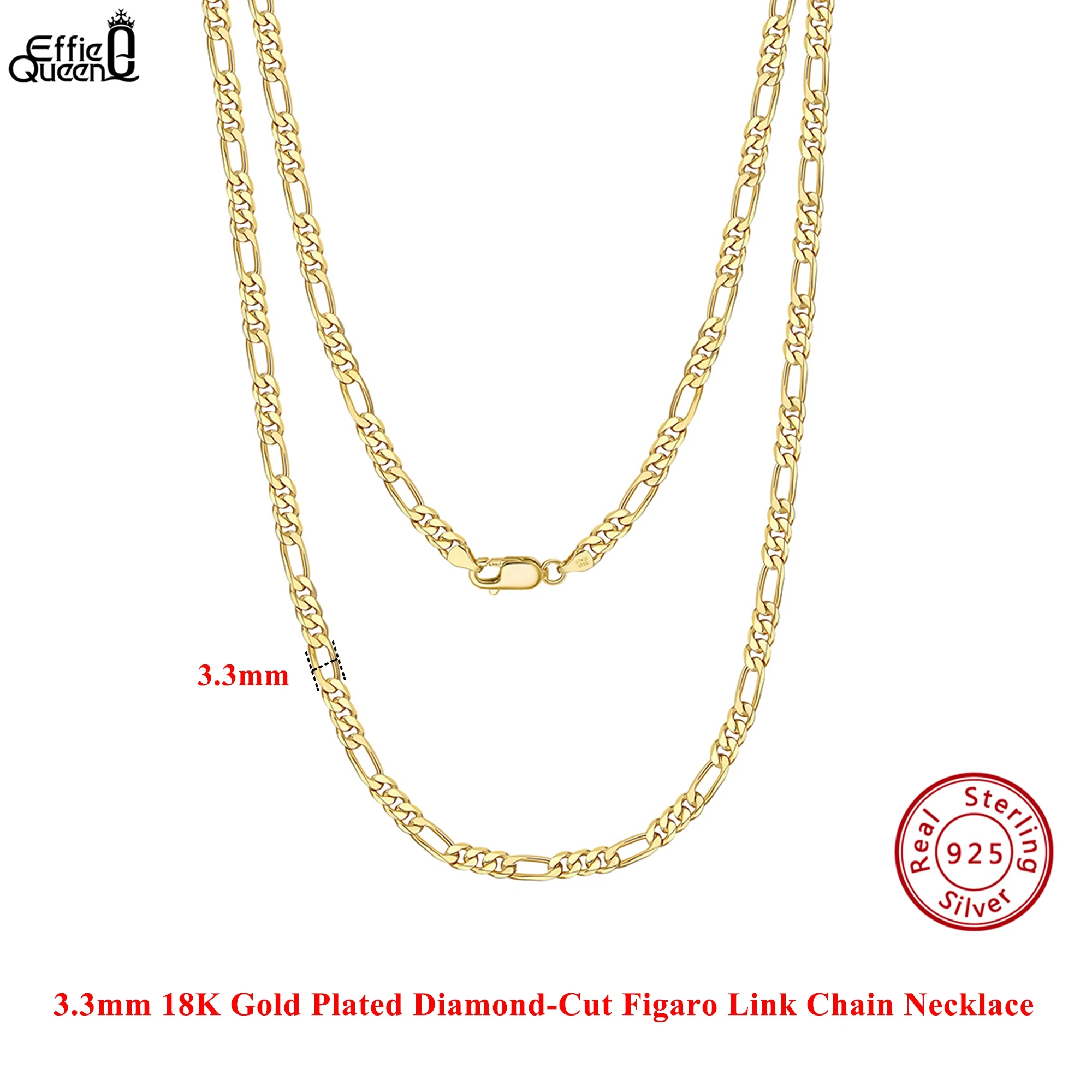 

Effie Queen Glamorous 925 Sterling Silver 3.3-5mm Diamond-Cut Figaro Link Chain Necklace Perfectly Crafted Choker Chic Gift SC34
