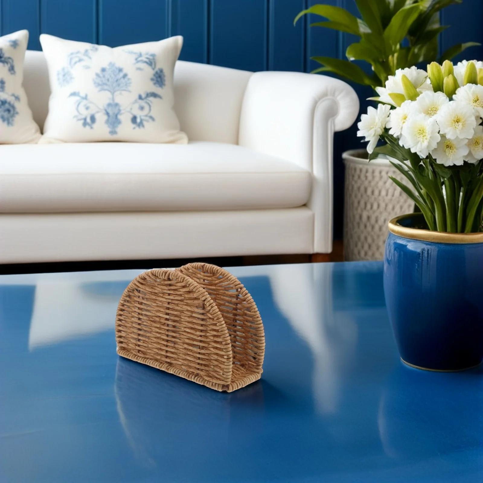 Napkin Holder Imitation Rattan Modern Sleek Paper Napkin Stand for Dining Table Kitchen Tissue Organizer Woven Paper Towel