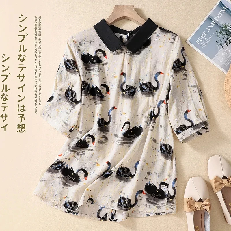 

2024Women's Printed Cottonand Linen Plus Size Shirt Summer Design Sense Niche Comfortable Temperament Beautiful Printed Wild Top