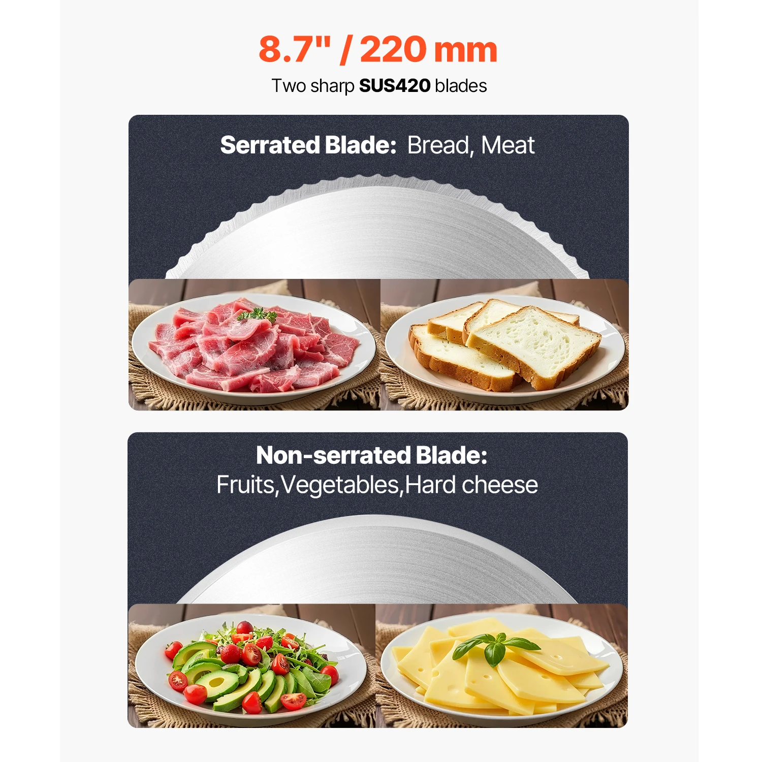 SucceBuy Affettatrice per carne Affettatrice elettrica per alimenti Deli Taglierina per carne con 2 lame Premium SUS420 Affettatrice per alimenti per carne Pane duro