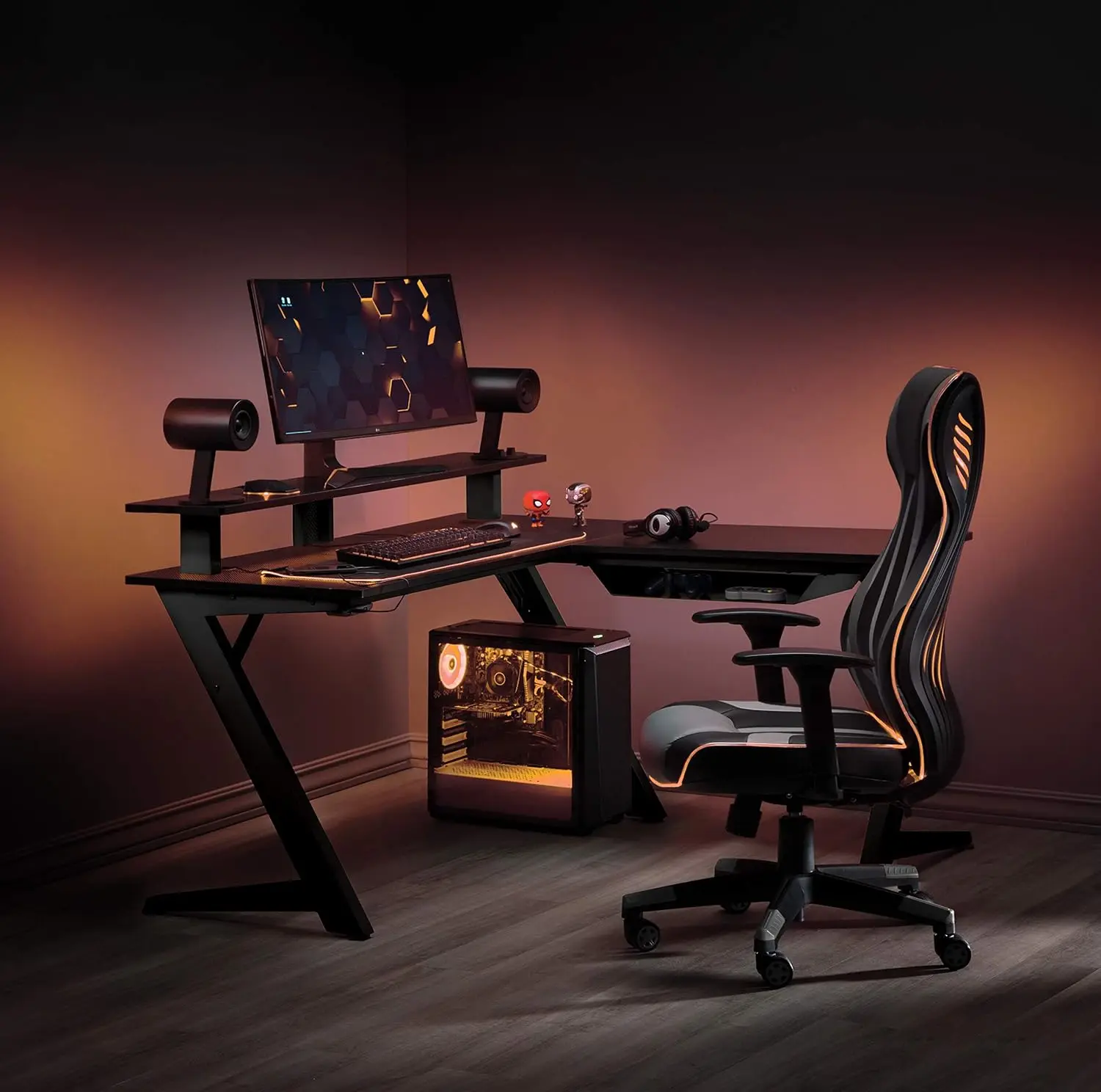 

OSP Home Furnishings Avatar Battlestation L-Shape Gaming Desk with Bluetooth RGB LED Lights and Carbon Fiber Surface,Matte Black