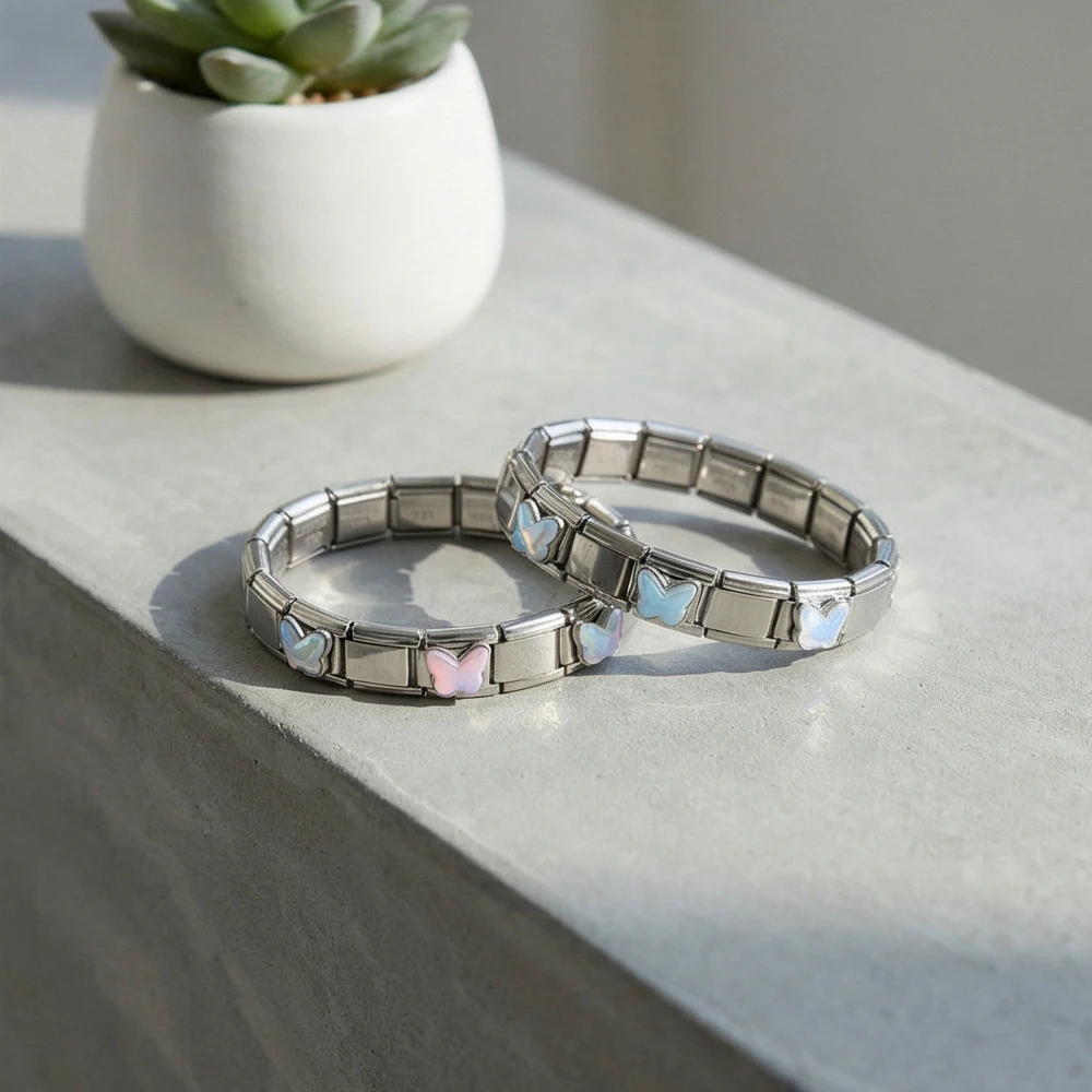 GEMOSA Klassisches Buntes Schmetterlings-Charm-Armband für Damen, Italienisches Gliederarmband Passend für 9mm Edelstahl-Schmuckzubehör DIY – Detail 3