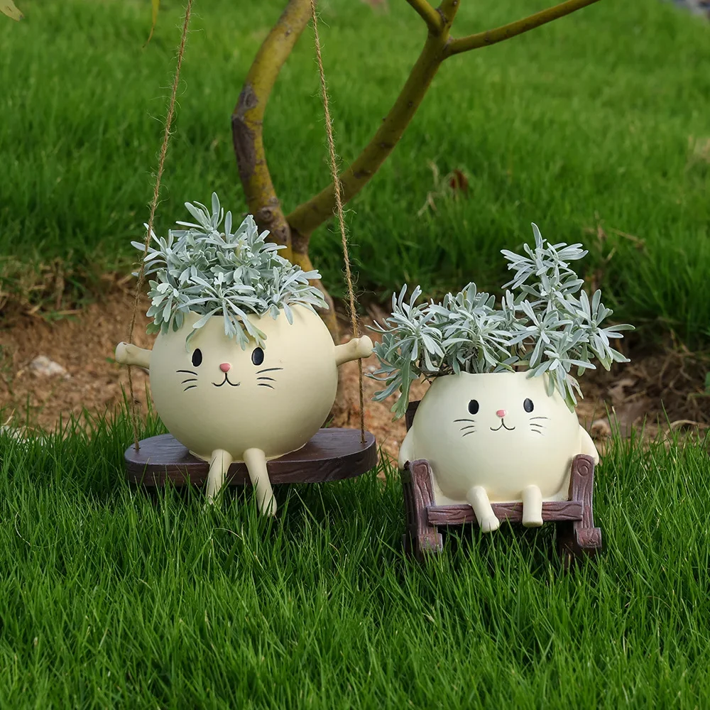 New Products Rocking Chair Swing Cat Flower Pot Ornament Home Outdoor Garden Ornament Potted Plant Resin Crafts