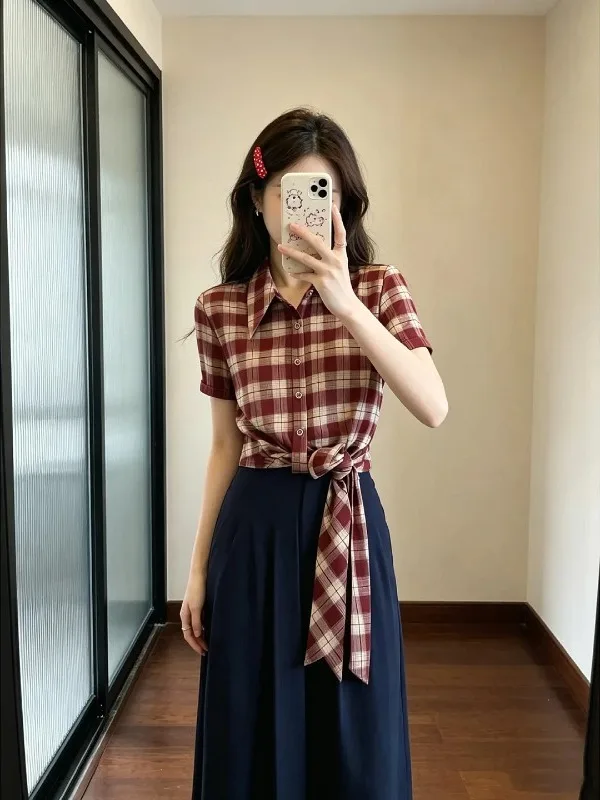 

plus Size American Retro Red Plaid Short Sleeve Shirt Women's Summer Waist Cinching Slimming Sexy Girl Style Tie Top