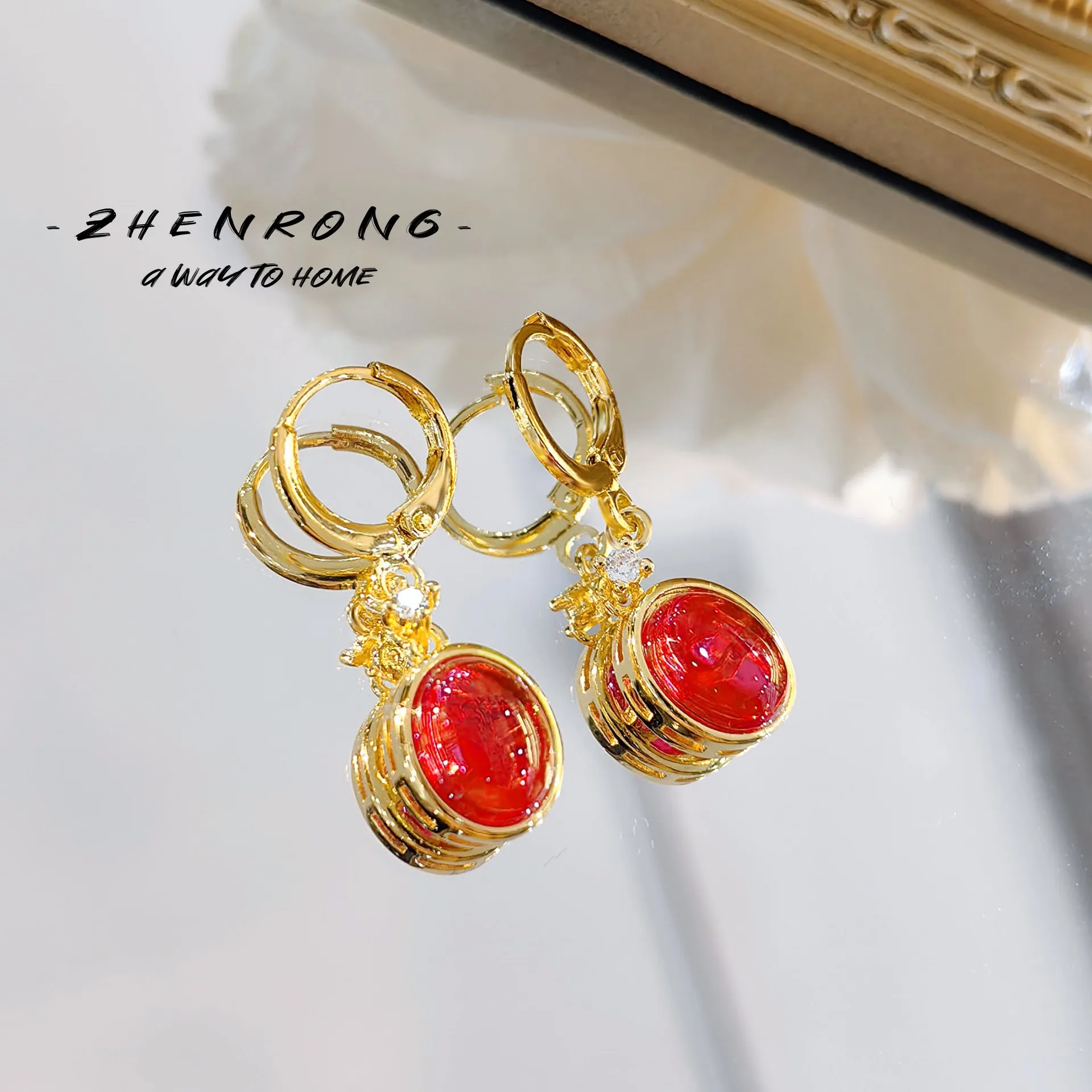 S925 Sterling Silver Stud Earrings Light Luxury Gold Plated Red Corundum Retro Red Diamond Earrings for Elegant Women