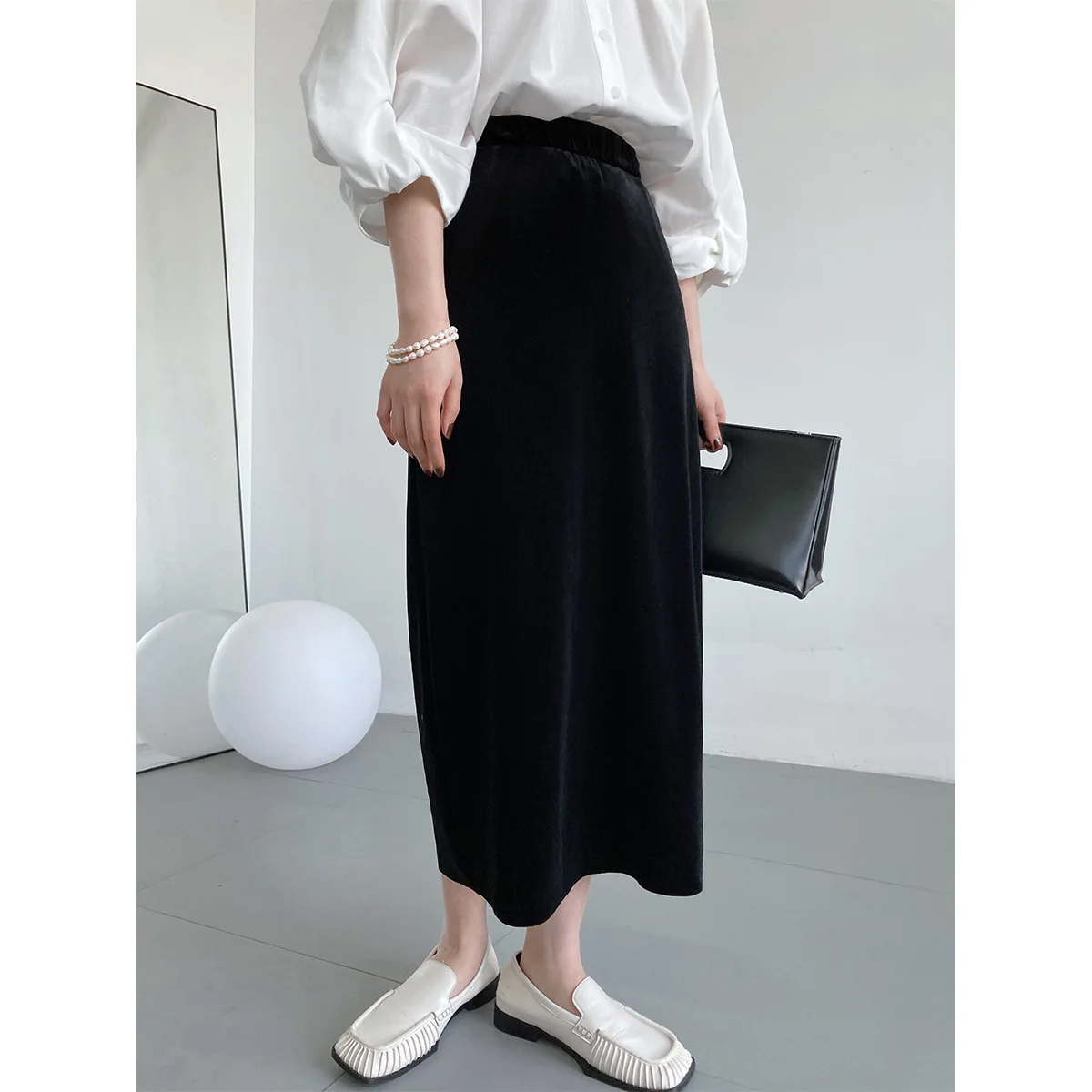 

2024 Women Elegant A-Line Long Skirts High Waist Spring Pleuche Skirts Women Casual Black Skirts Jupe Femme Saias Mujer