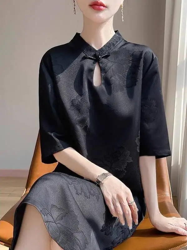 봄 여름 신상 루즈 실크 새틴 롱 드레스 여성용 중국식 스탠드 칼라 오부 소매 꽃 자수 A라인 드레스