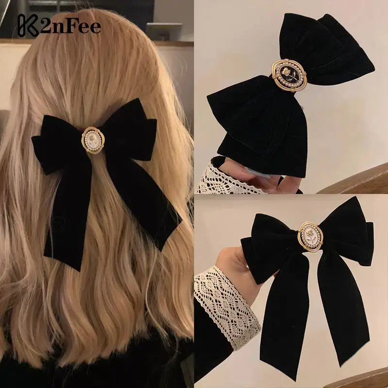 Nowe czarne aksamitna kokarda szpilki do włosów elegancka tkanina róże ze stopu spinki do włosów dla kobiet modne akcesoria do podroża z kucykiem