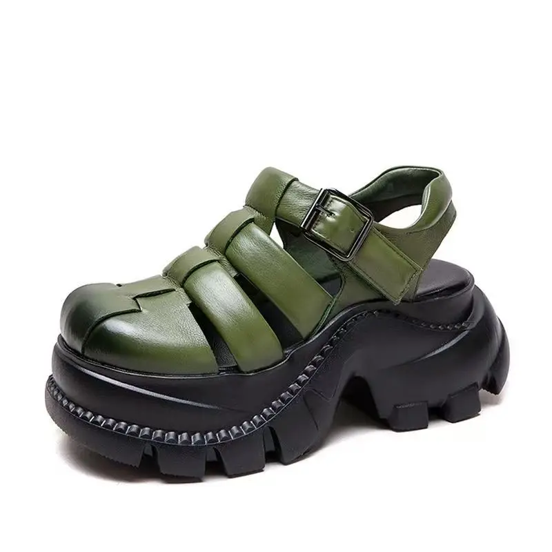 

Лето 2022. Женские сандалии из натуральной кожи. Туфли в римском стиле в стиле ретро с закрытым носком на толстой подошве.