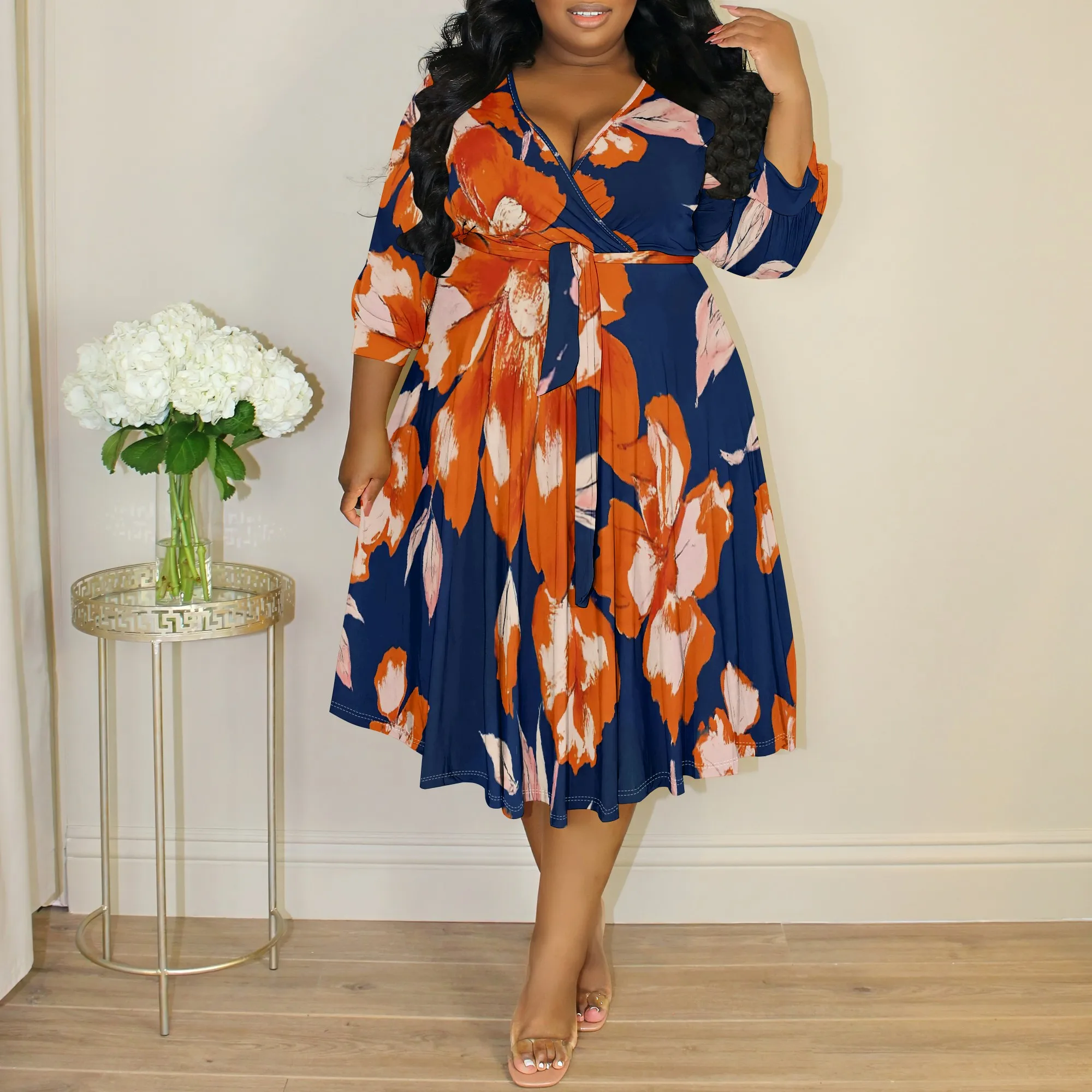 

Plus Size Floral Wrap Midi Dress XL-6XL V-Neck Tie Waist 3/4 Sleeve Elegant Style for Autumn Wedding, Church or Office Look