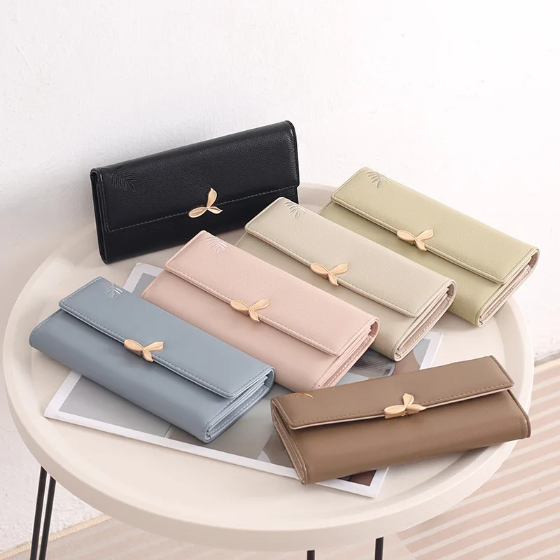 New women's long wallet hardware leaf embroidery three-fold bag multiple card slots folding handbag gift party fashion all-match
