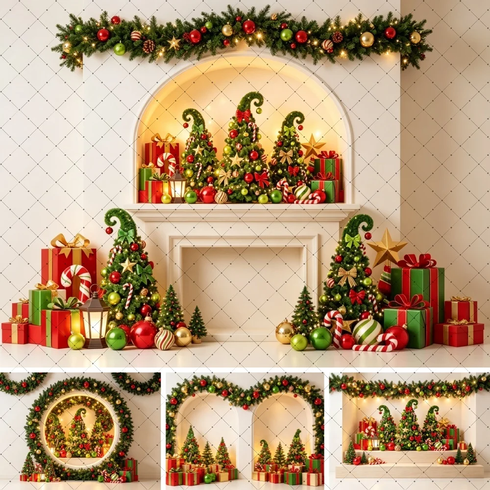 Christmas Photography Backdrop White Fireplace Curved Xmas Tree Candy Cane Gift Boxes Holiday Portrait Decor Photo Background