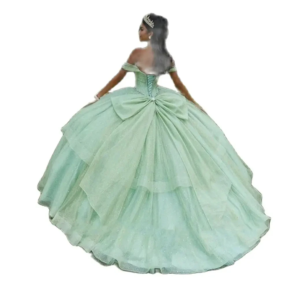 Skallean-Elegant Diamond Quinceanera Dress for Girls, Bowknot, Pleated, Off the Shoulder, 15 Years Old, Plus Customised