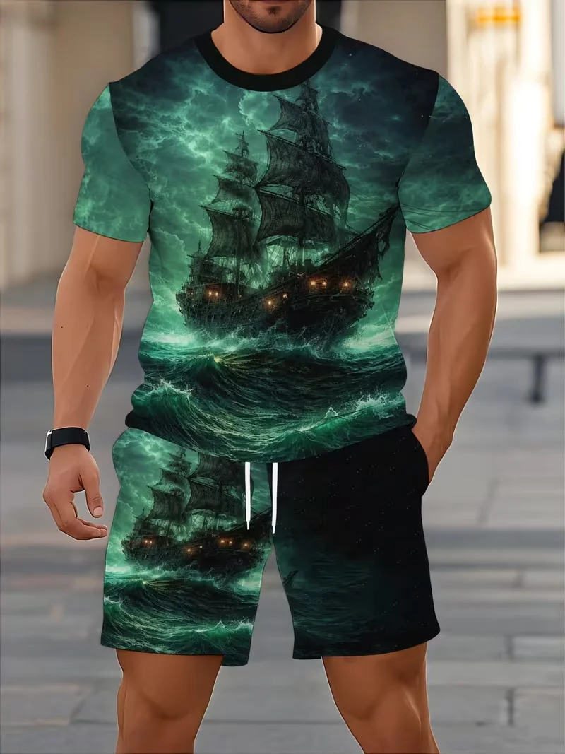 

Pirate Boat Ship 3D Print Tracksuits Men's Women Casual Short Sleeve T-Shirt Shorts Sets 2pcs Sportswear Suits Man's Clothing