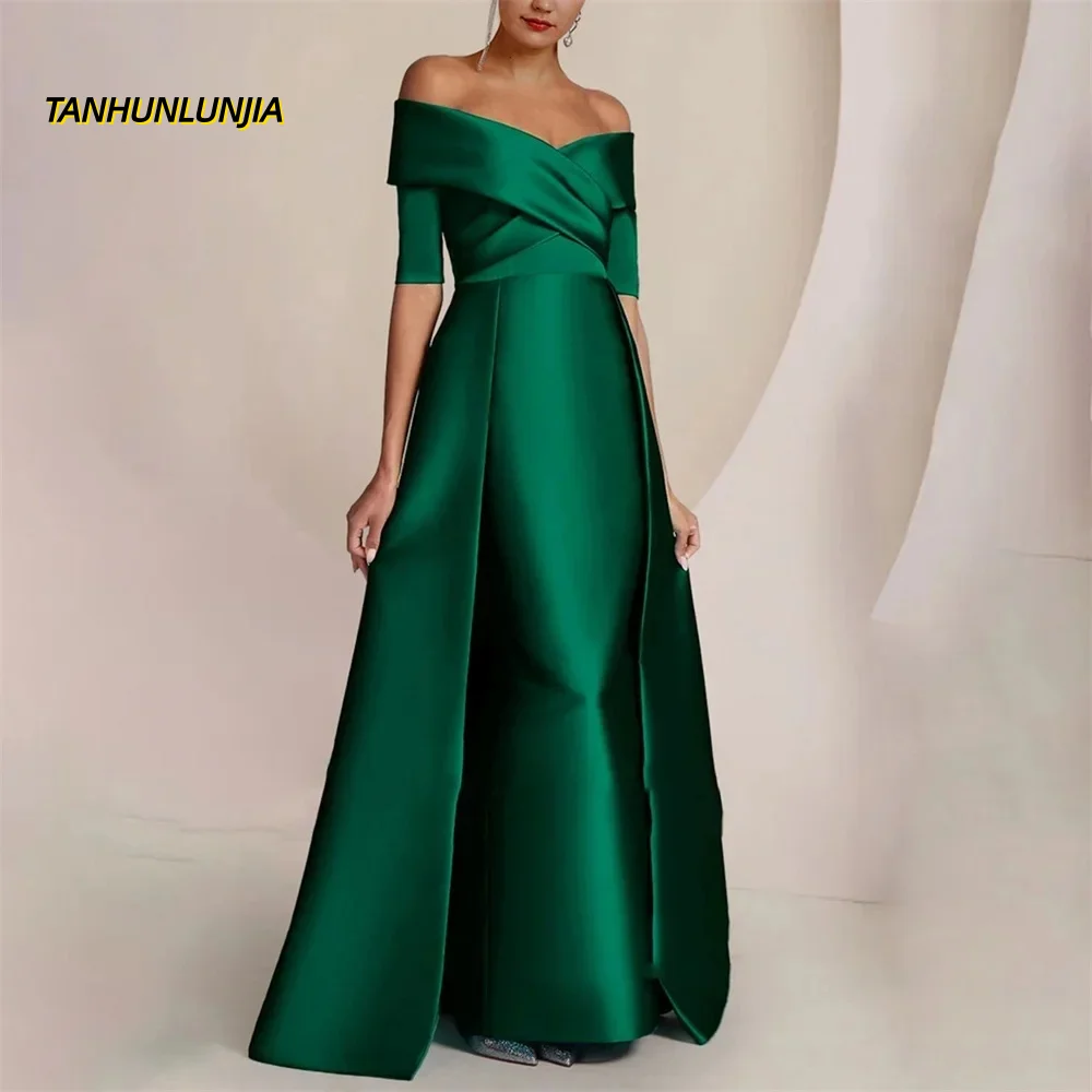 

Elegant Off Shoulder Mother Of The Bride Dress Floor Length Half Sleeves Satin Formal Dresses Vestidos Mae Da Noiva Casamentos
