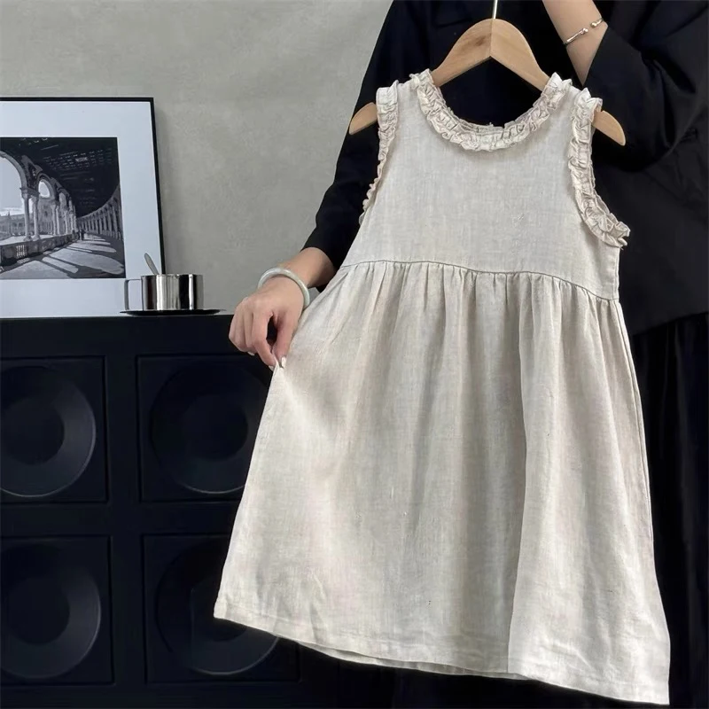 1-6Y Kids Baby Girl Dress Toddler Ruffles Sleeve Princess Dress Solid Cotton Linen Casual Dress for Party Flower Girl Clothes