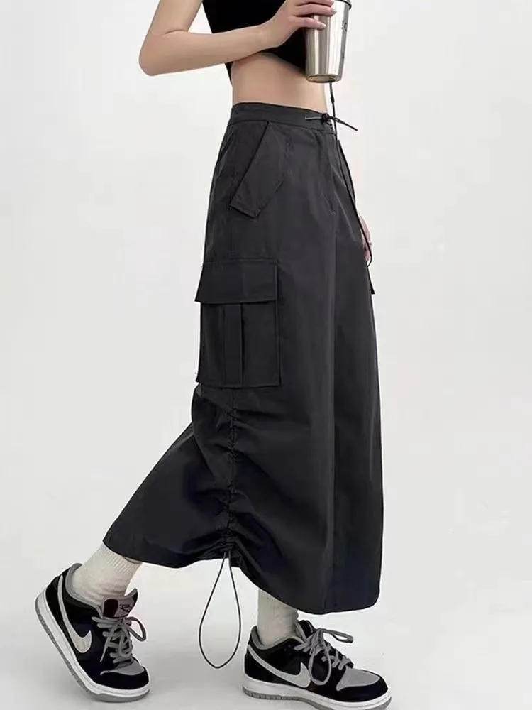 Y2K Women Retro Cargo Skirt Pockets Black Female High Waist Skirt Summer Streetwear All Match Ladies Mid Skirt