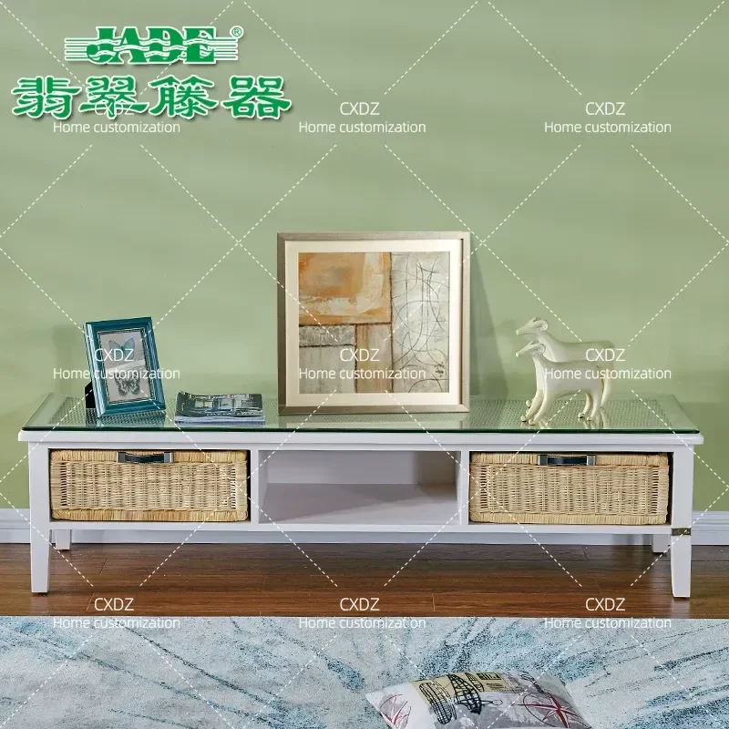 Natural Rattan TV Cabinet with Drawer Nordic Style Floor Storage Unit Simple Wicker Art Furniture Living Room Media Console