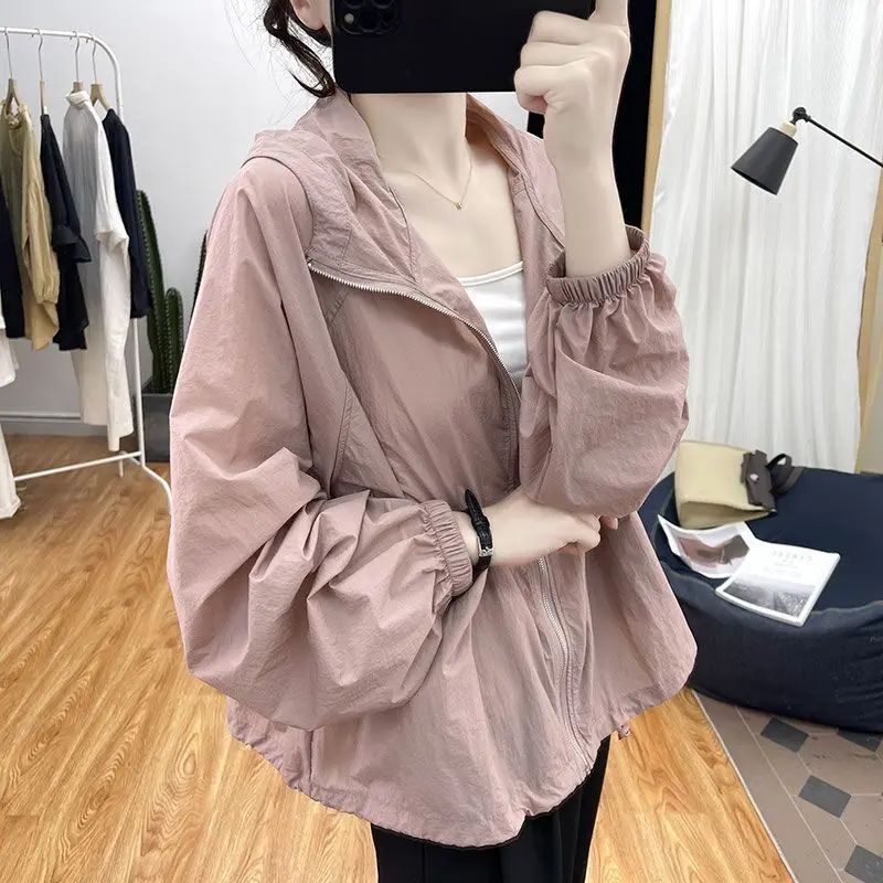 Summer New Thin Hooded Loose Cardigan Long Sleeve Solid Color All-match Youth Casual Tops Tees Fashion Vintage Women Clothing