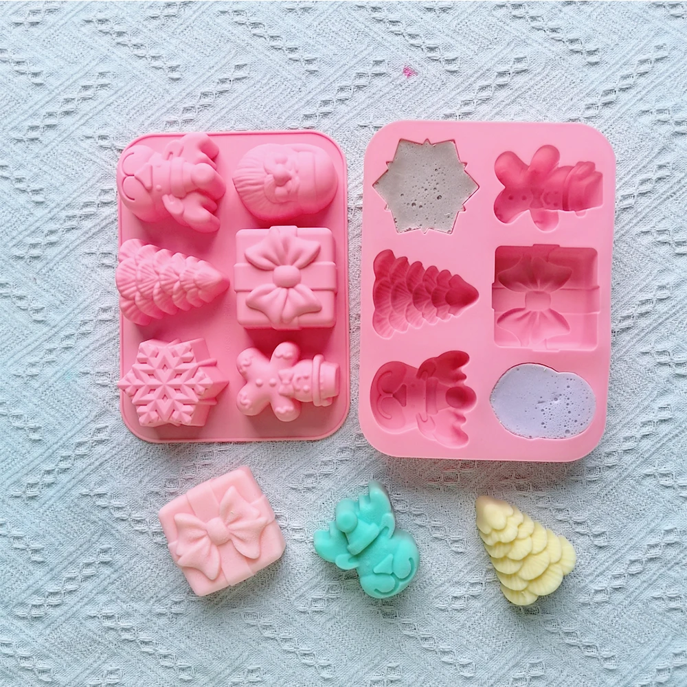 1pc 6-cavity snowflake Christmas tree gift box shaped chocolate cream cake silicone mold