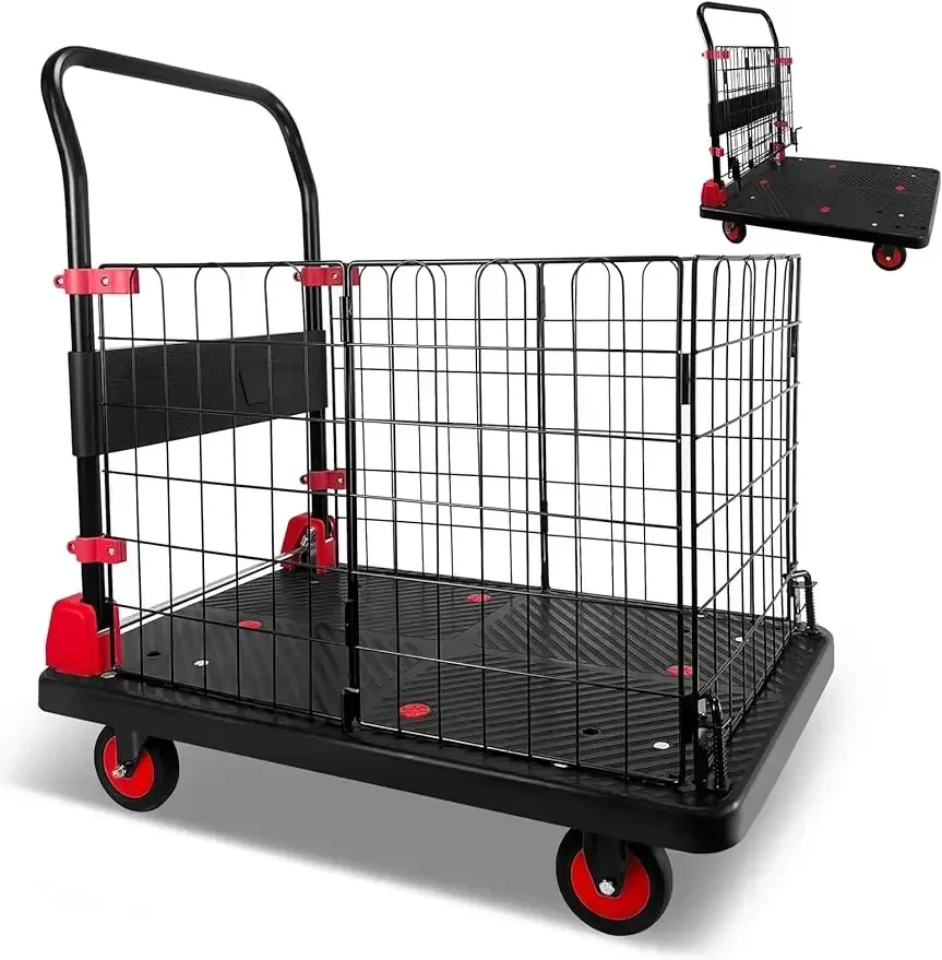 

Platform Truck Cart with Cage, Foldable Push Cart Dolly 440lb Capacity w/ 5'' TPR 360 Degree Swivel Wheels, Heavy Duty