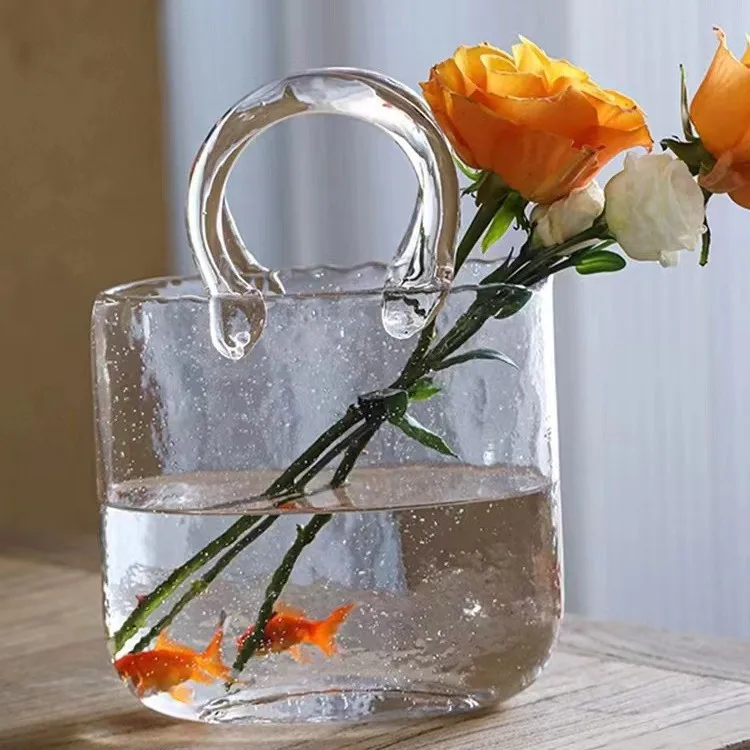 Stylish Handbag Shaped Clear Glass Vase Natural Tone Hydroponic Flower Holder Living Room Table Ornament