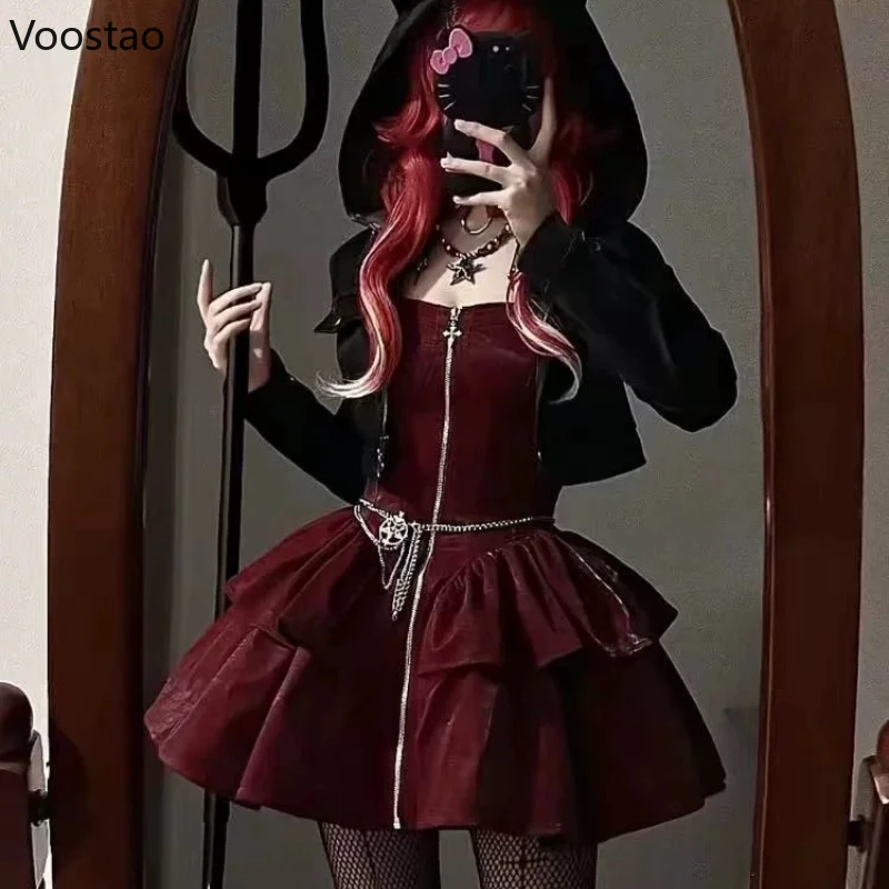 

Gothic Punk 2 Peice Set Women Y2k Aesthetic Hooded Short Coat Sexy Mini Dress Female Chic Crop Zipper Jackets Vintage Outfits