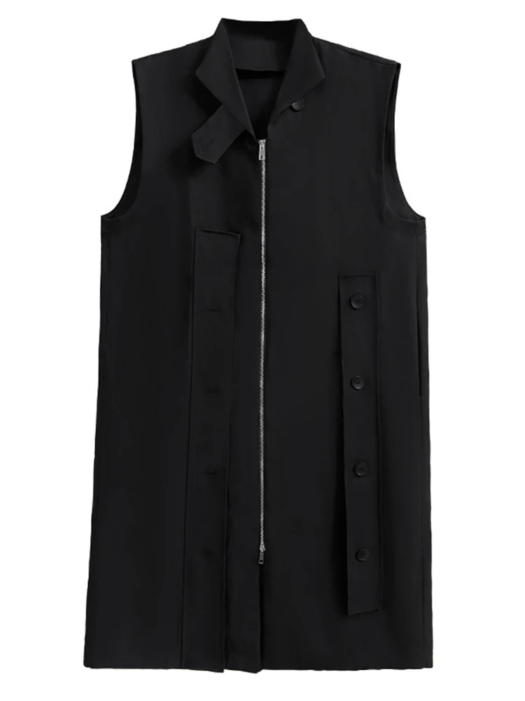 [EAM] Women Black Big Size Asymmetric Long Vest New Stand Collar Sleeveless Loose Fashion Tide Spring Autumn 2024 1DH4335