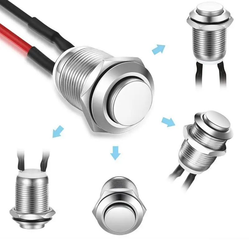 12mm Momentary Push Button Switch Kit 5Pcs Round Head Stainless Steel 1NO with Pre-wired Cable for DIY Hobbyist Projects
