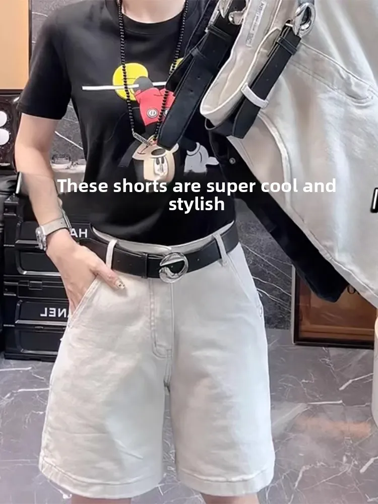 

High Waist Slimming Denim orts Women's plus Size Summer Loose Hip Covering Casual Mid-Length Wide Leg Five-Quarter Pants