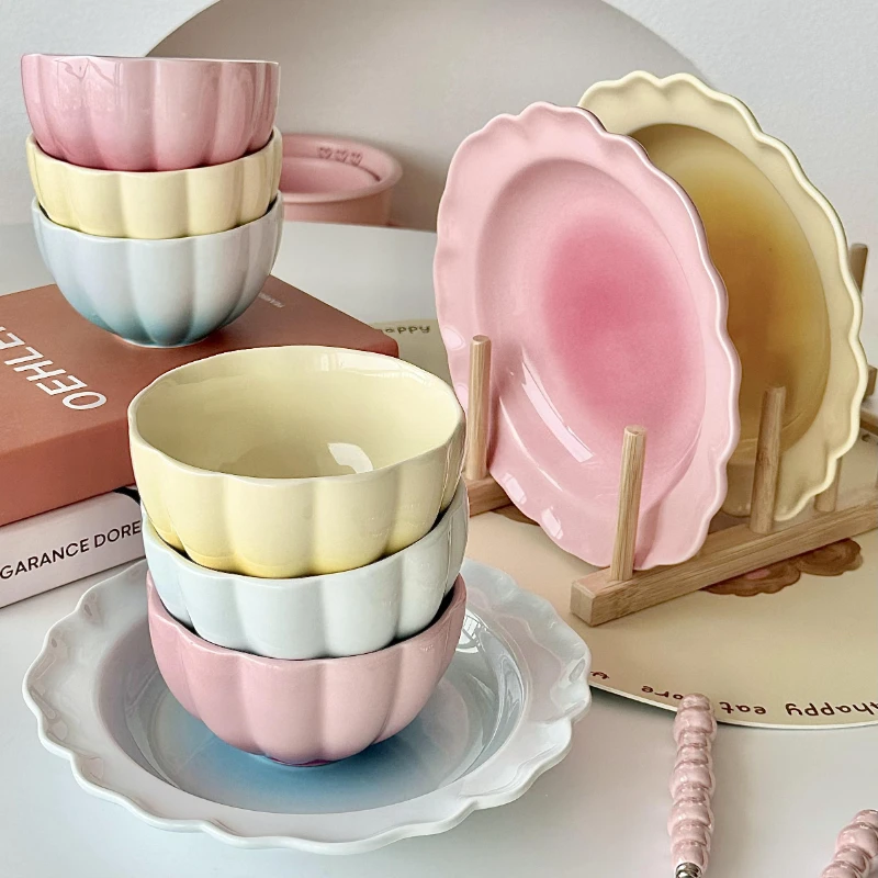 Cute Blush Gradient Korean Tableware Plate Dessert Fruits and Vegetables Plate Yogurt Rice Bowl Underglaze Ceramic Tableware Set