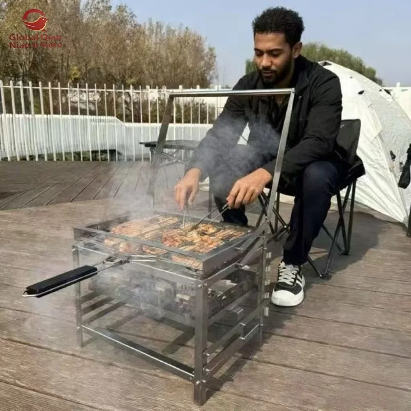 New Flip Barbecue Grill, Height Adjustable Thickened Stainless Steel Rotating Barbecue Rack for Outdoor Camping