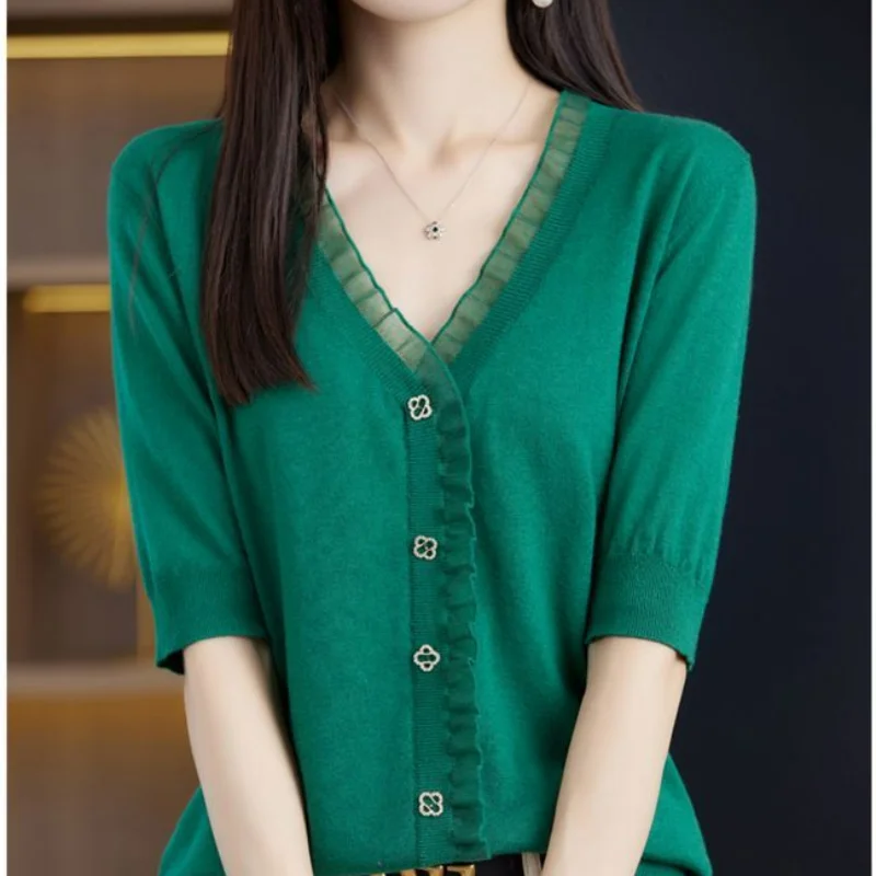 Camiseta de punto con cuello en V para mujer, Top de manga corta, elegante, Simple, informal, suelto, Coreano