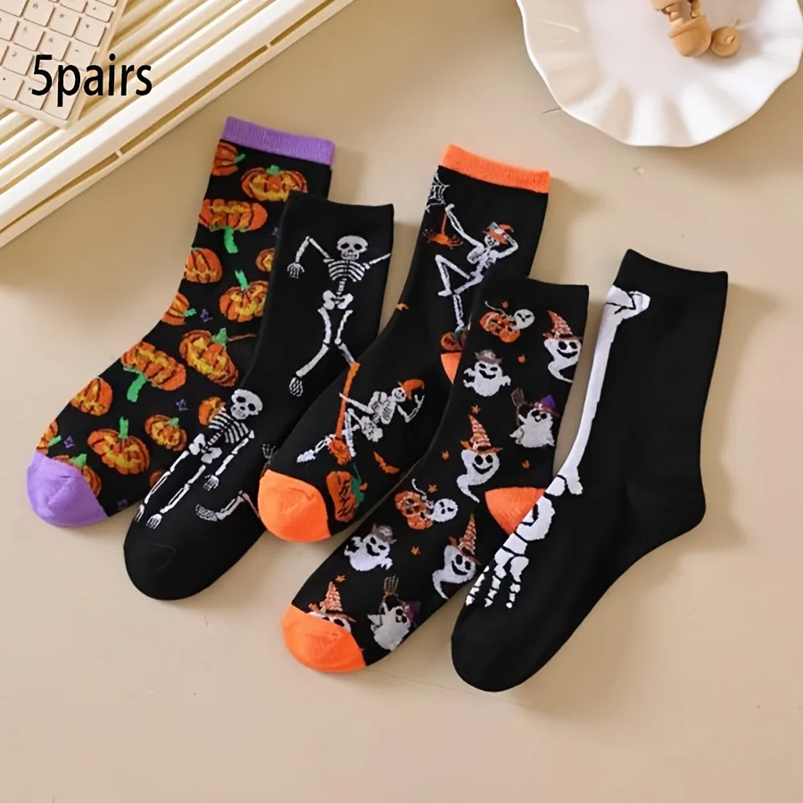 

5 пар носков для пар на Хэллоуин — жуткий тыква, скелет, летучие мыши и ведьмы, соответствующие аксессуары для вечеринок для мужчин и женщин