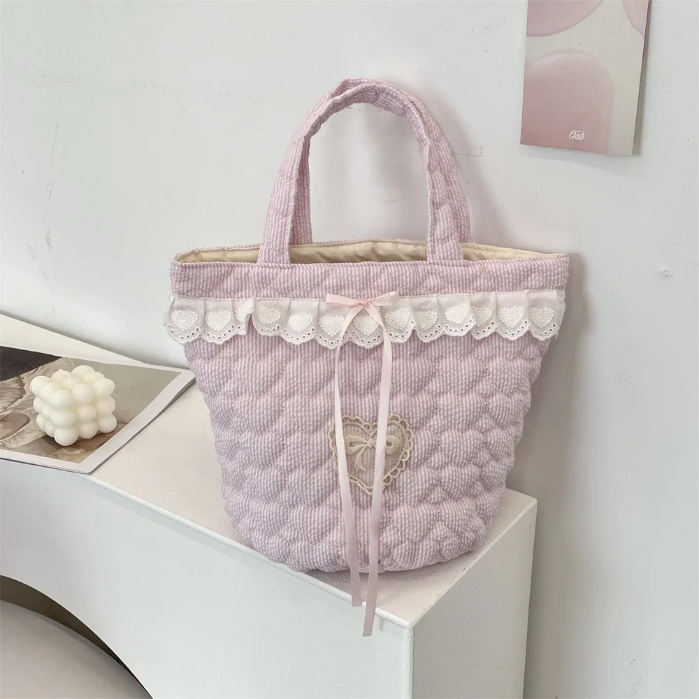 

Lovely Sweet Bowknot Handbag Korean Style Fresh Color Bucket Bag Soft Lightweight Fresh Lace Lunch Bag Travel