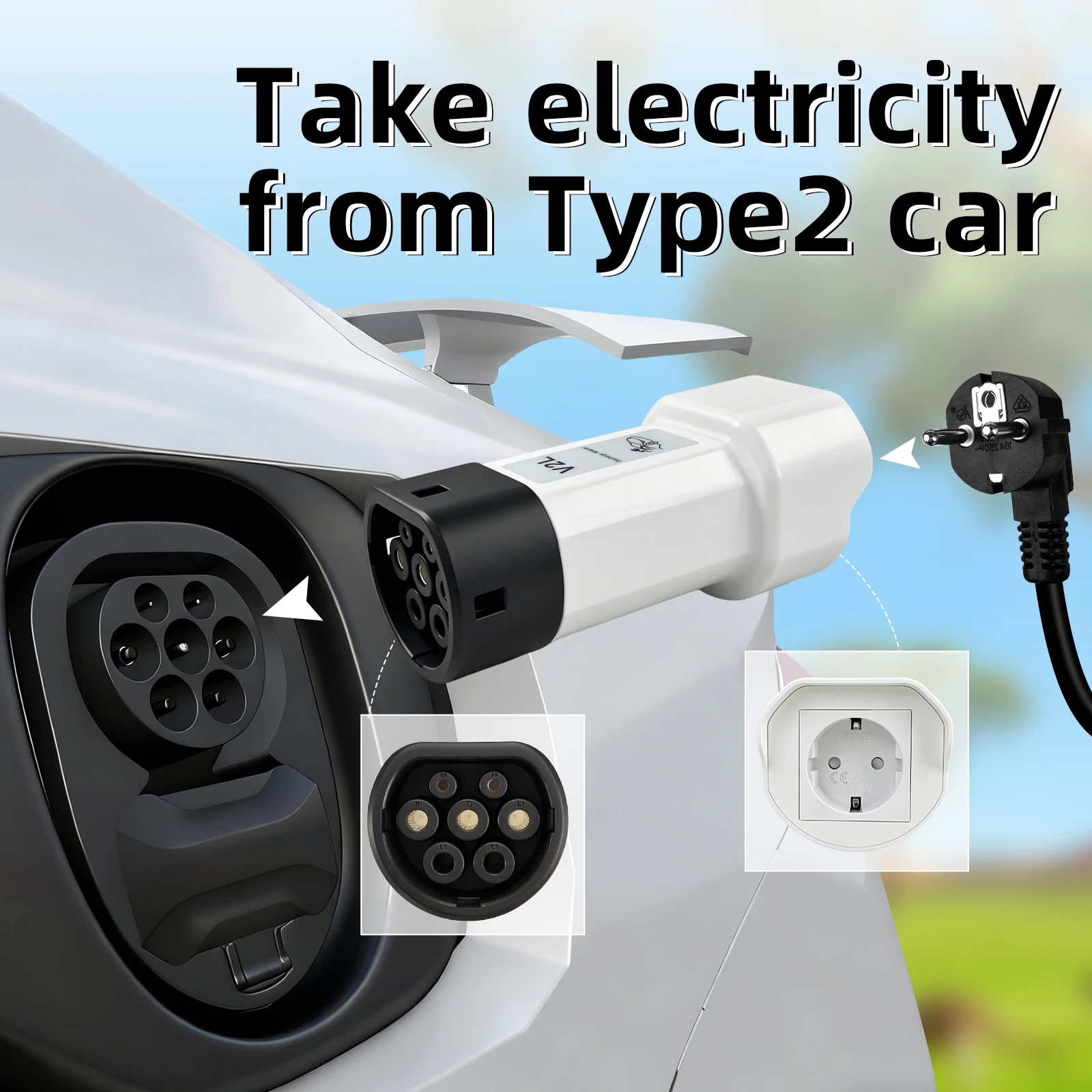Type 2 V2L Discharge Adapter,Type 2 EV Car to Schuko Socket,Vehicle‑to‑Load For BYD Atto 3 BYD Atto 2 BYD Dolphin BYD Seal