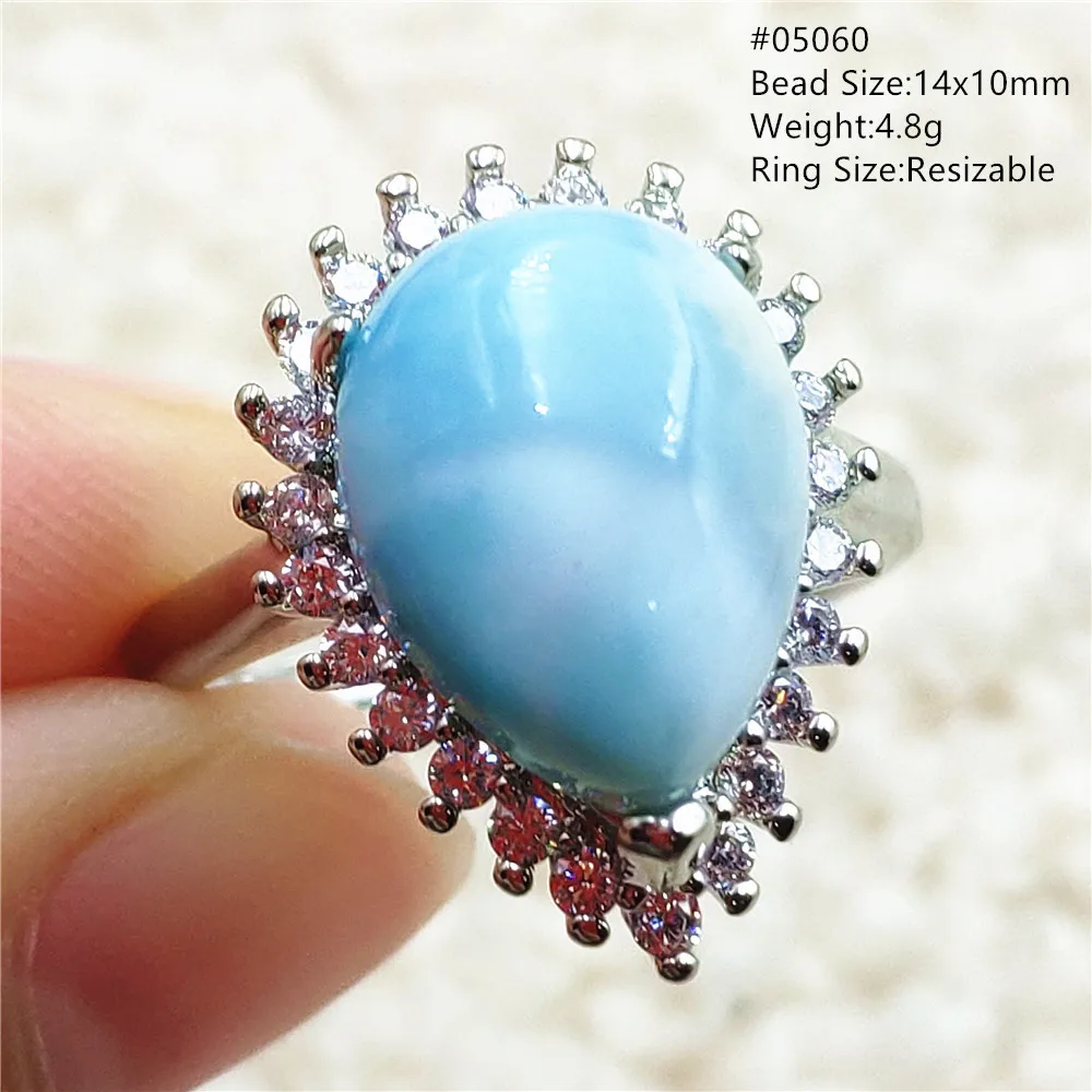 Natural Blue Larimar Adjustable Ring 925 Sterling Silver Larimar Gemstone Women Men Water Pattern AAAAA