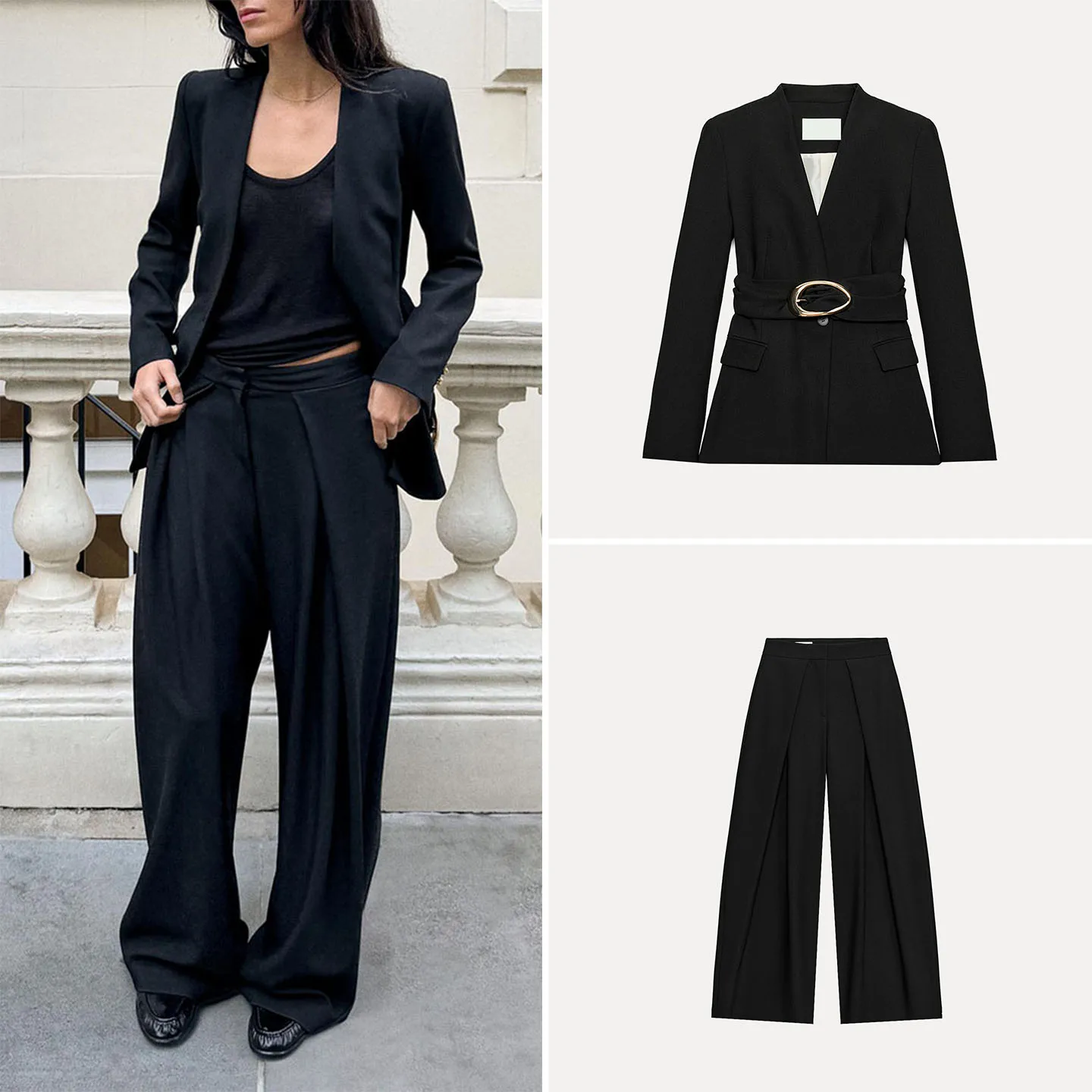 Women's Fashion Suit Set with Shoulder Pads Long Sleeves Belt Buckle High Waist Pleated Wide Leg Pants Two-Piece Ensemble