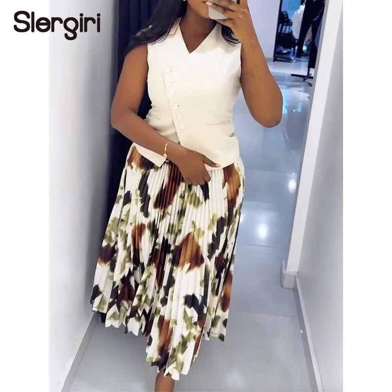 

Slergiri Two 2 Piece Set Women Fashion New 2026 Summer V-neck Button Vest Top + Print Pleated Long Skirt Office Lady Workwear
