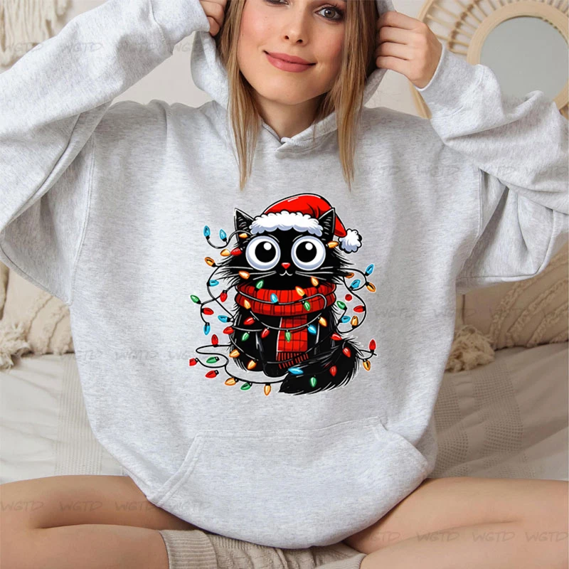 Funny Cartoon Christmas Cat Print Hoodies Street Sporty Women Sweatshirts Comfortable Crewneck Pullover Female Xmas Gifts Hooded