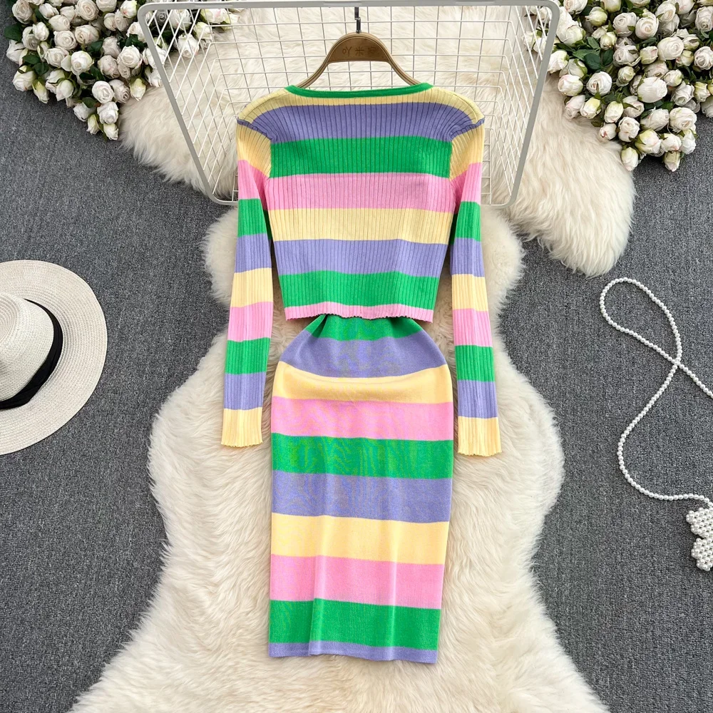 2024 New Office Lady Striped Two Piece Set Spring New Fashion Sweet Slim Chic Outfits Knitted Coats Cami Dresses