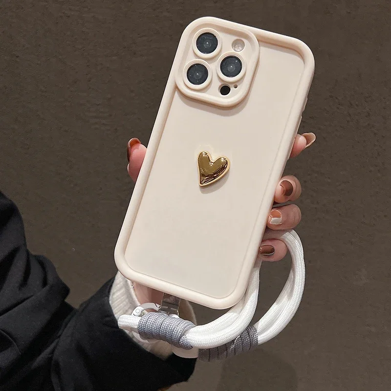 3D Gold Heart Soft Lanyard Rope Phone Case For iPhone 17 16 15 14 13 12 11 Pro Max X XS XR 7 8 Plus Hand Strap Shockproof Cover