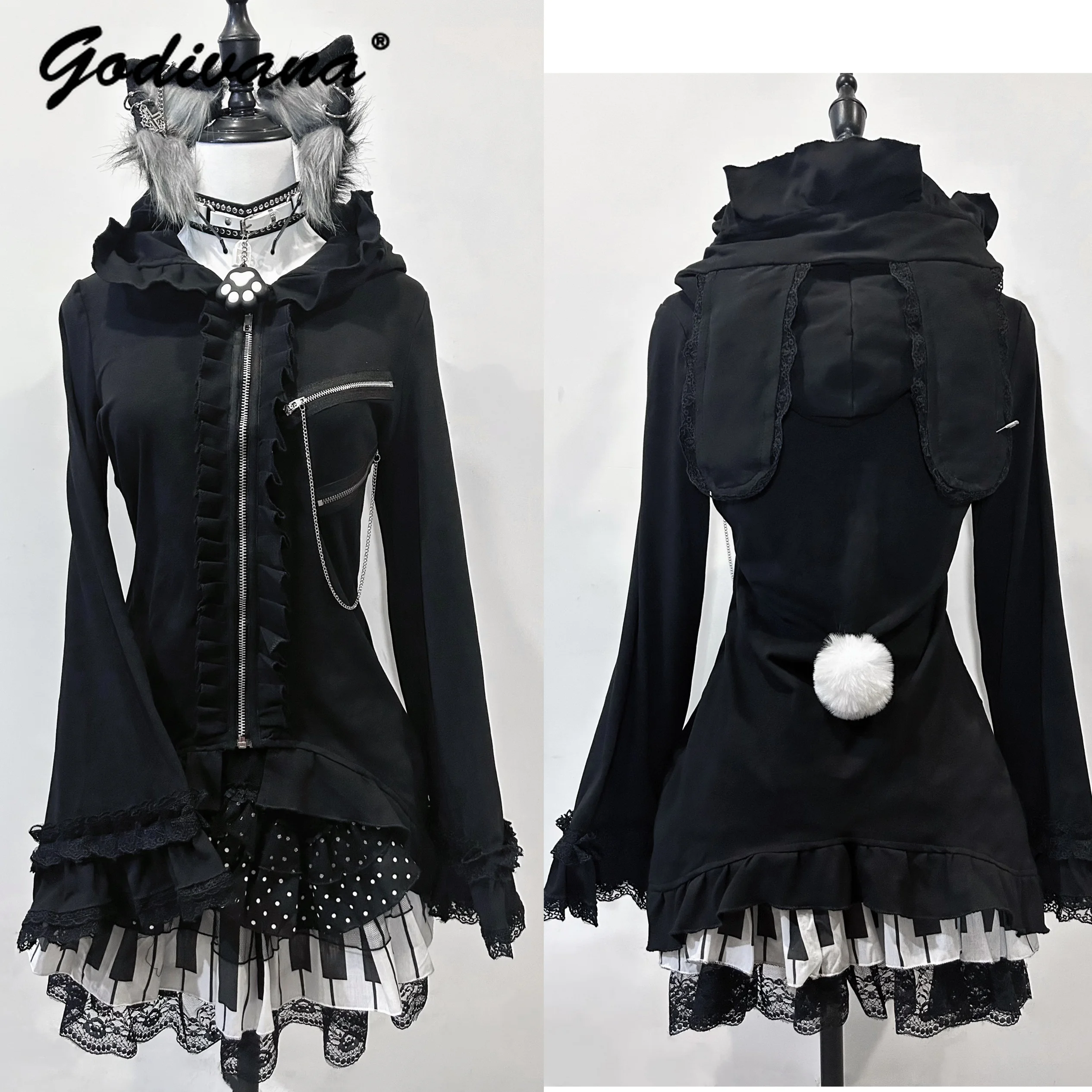 

Original New Autumn Lace Rabbit Ear Subcultural Long Sleeve Cardigan Punk Jacket Y2K Female Girls Black and White Hoodie Coat