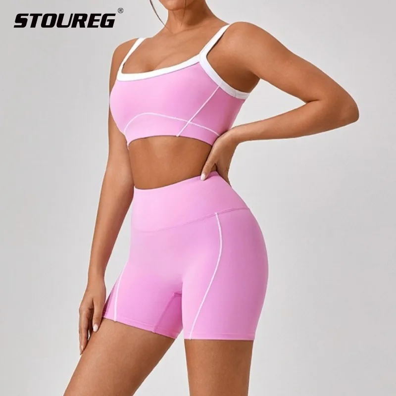 

STOUREG 2-Piece Set Nude Feeling Fitness Set,Contrast Color Thin Strap Yoga Bra, Hip-Lifting Line Sports Shorts