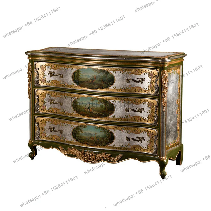 

French porch cabinet antique furniture court solid wood gold and silver foil painted hand-painted home