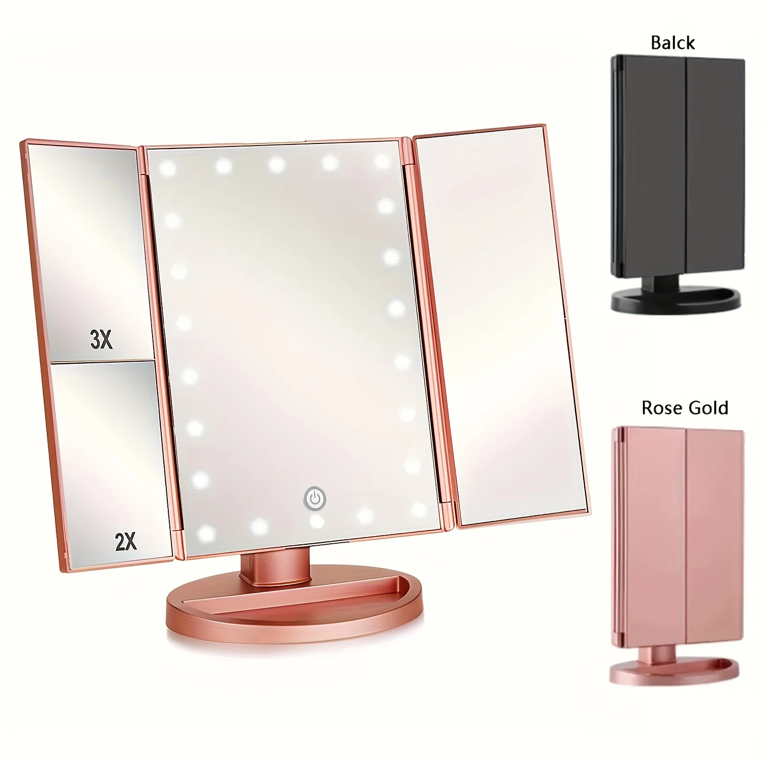 Elegant Tri-Fold Vanity Mirror - 21 LED Lights,  Control, 3x/2x Magnification, USB Powered, 180° Rotation