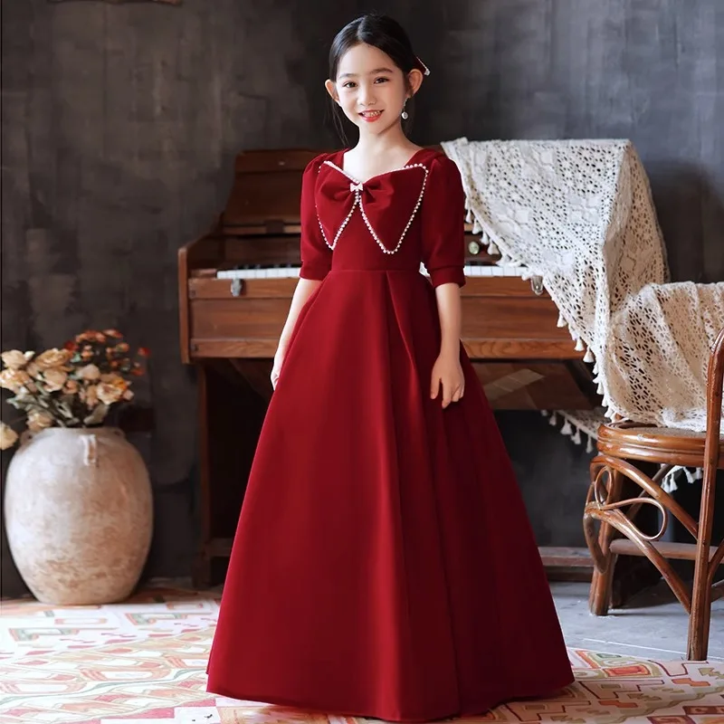 Gorgeous girl Big bow birthday dress girl host princess dress flower girl fluffy dress model runway piano performance dress